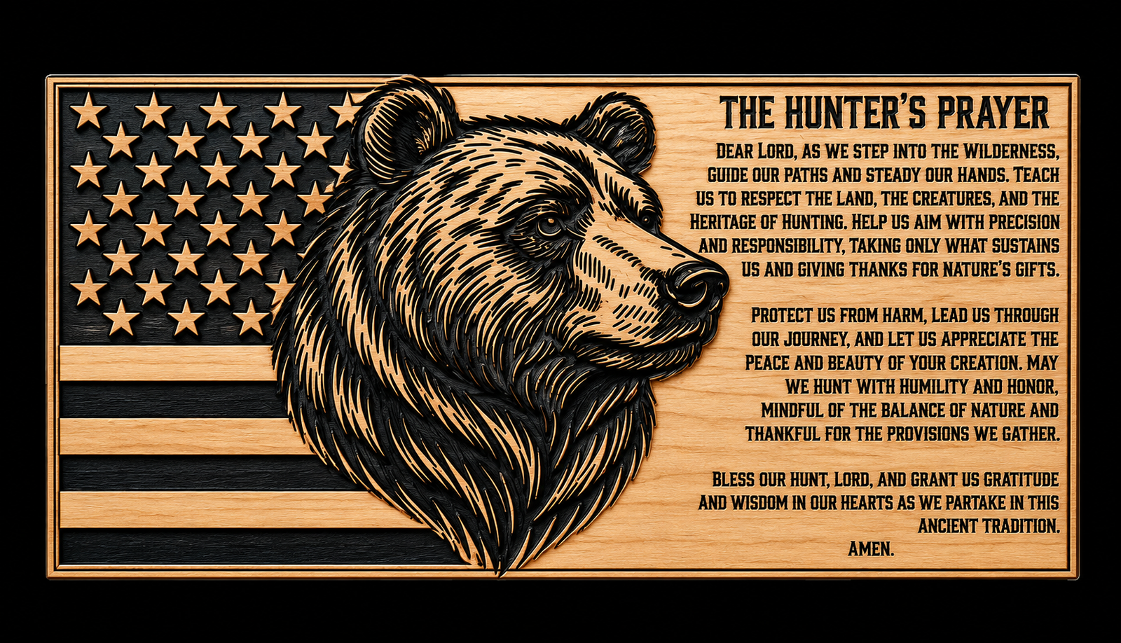 Hunter's Prayer Bear custom CNC carving by Singed Impressions